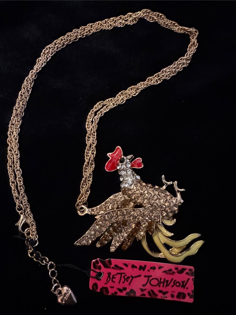 Brand New Betsey Johnson Gold-Tone Rooster Necklace with Red and Yellow Accents